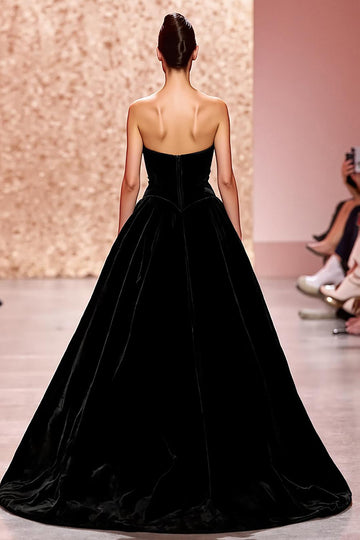 A-Line Strapless Velvet Black Evening Dress